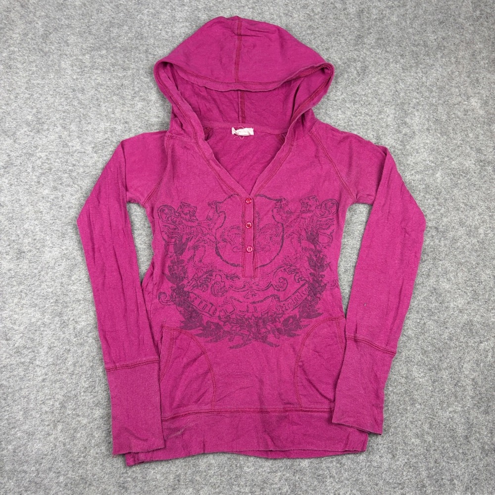 Step Up Hoodie Womens Medium Pink Graphic Henley Long Sleeve Y2K Preppy Grunge